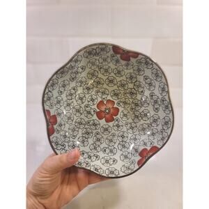 Vintage Japanese Mino Ware Scalloped Bowl - Takagi Kinjiro Motojiro - Red Floral
